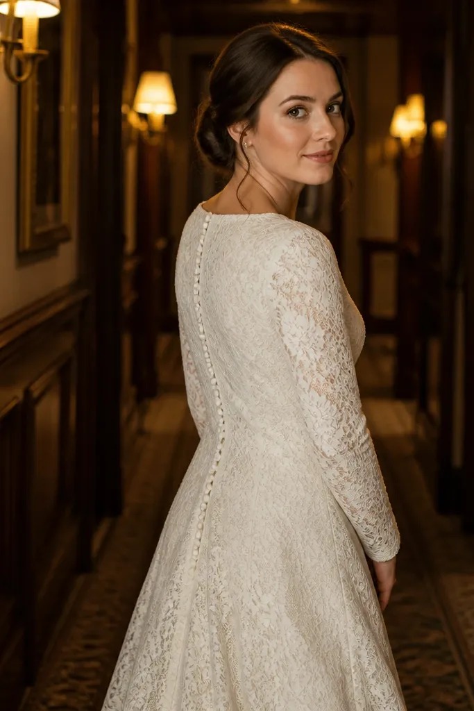 Off-white A-line dress with lace overlay and button-down back