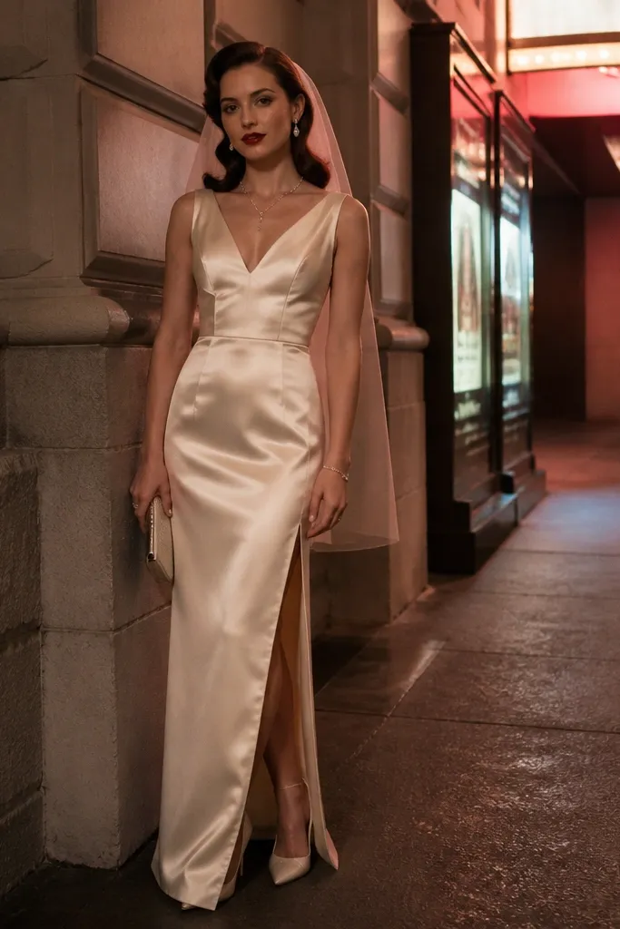 Ivory satin column dress with V-neck and subtle side slit