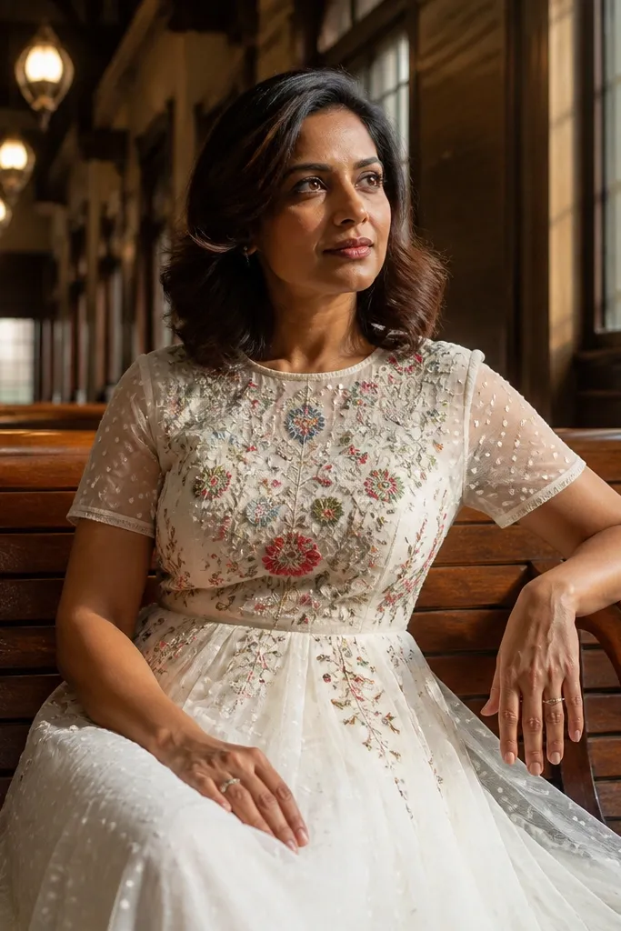 Ivory A-line dress with embroidered Swiss dot texture and short sleeves