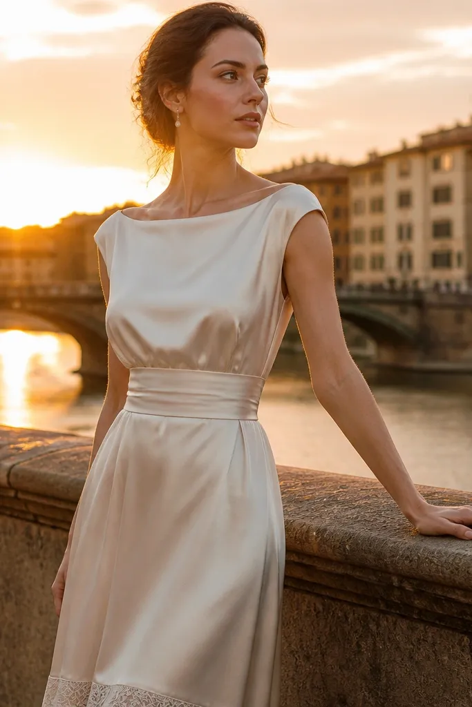 Ivory satin wedding dress with bateau neckline and wide waistband