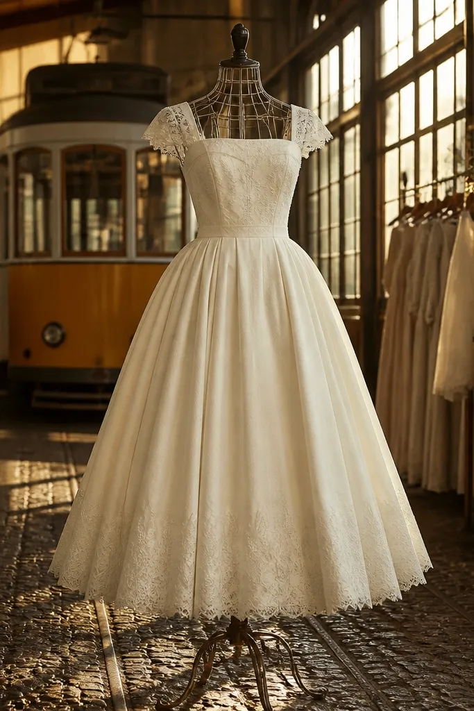 Ivory lace cap-sleeve dress with square neckline and full skirt