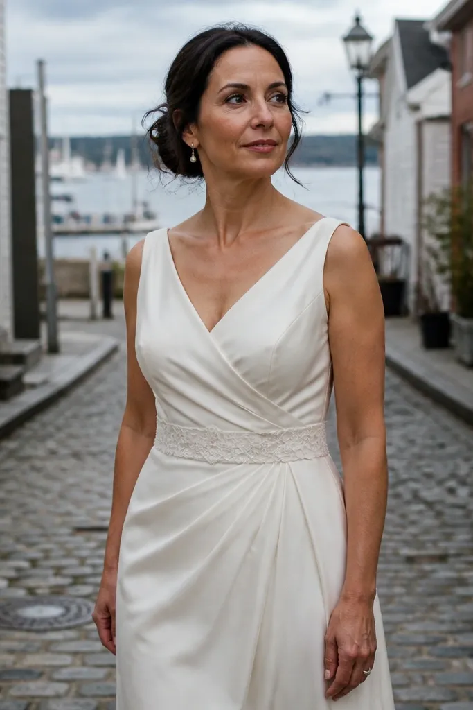 Ivory vintage wrap dress with lace belt and soft draped skirt