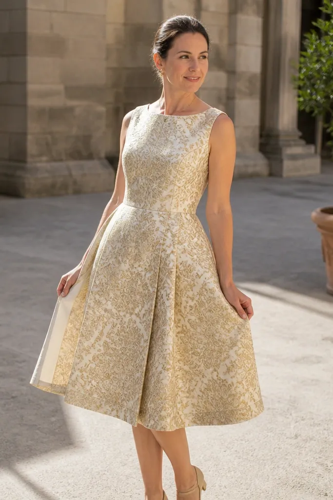 Off-white brocade A-line wedding dress with textured fabric and lined interior