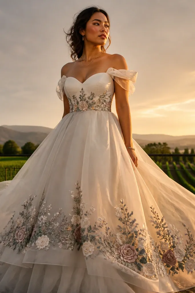 Ivory organza ballgown with floral appliqué border on the bodice
