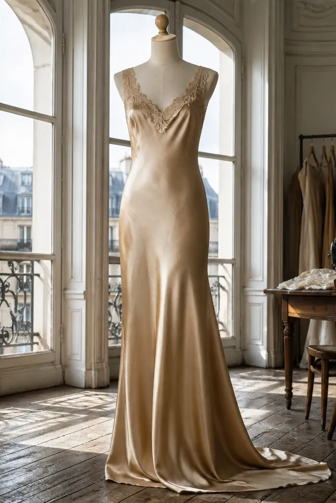 Bias-cut satin wedding slip dress with lace shoulder straps