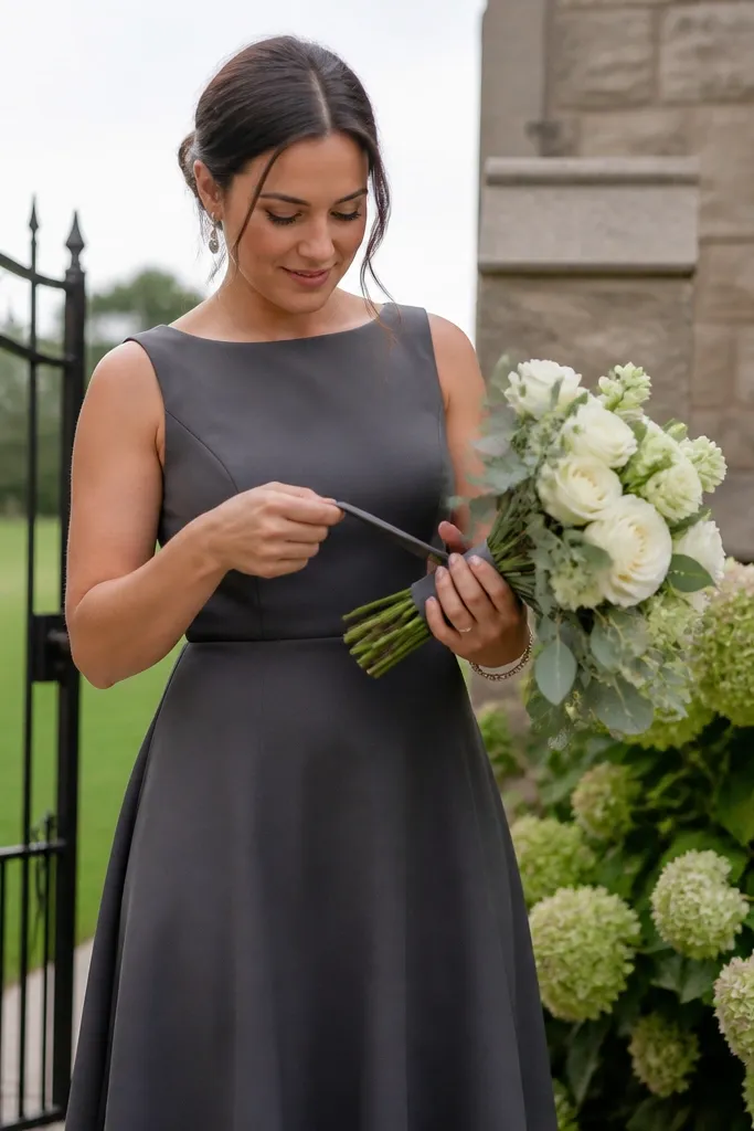 Dusty rose crepe dress with a fitted waist and a flared skirt ending at midi length