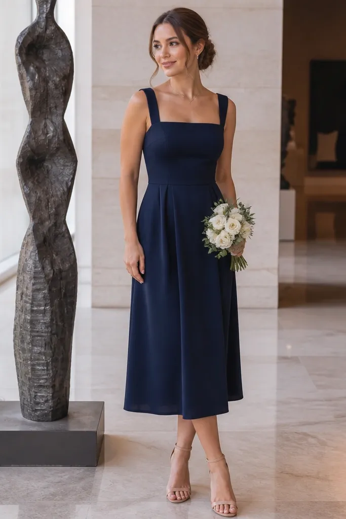 Black square-neck midi bridesmaid dress with structured bodice and straight skirt