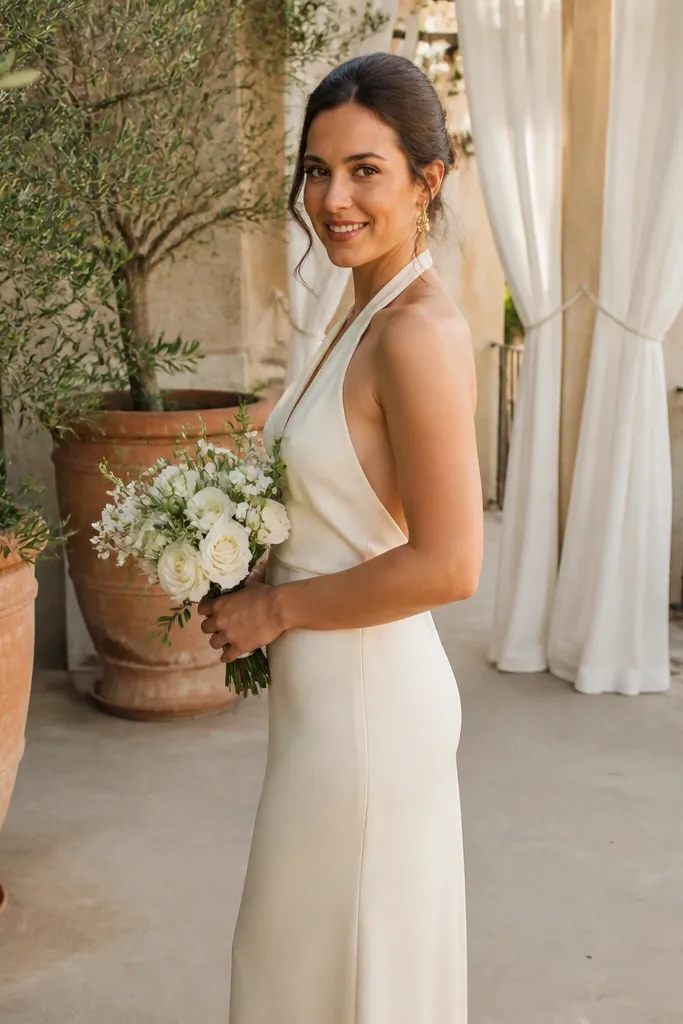 Emerald halter bridesmaid dress with a smooth back and a fitted silhouette