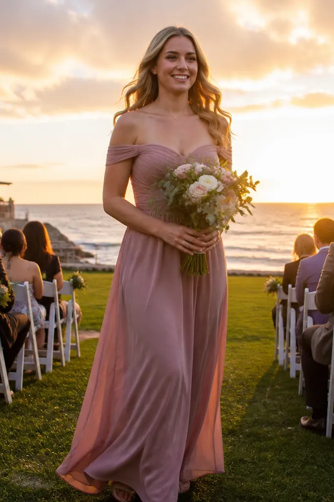 Blush off-the-shoulder bridesmaid dress with stretch lining and a fitted bodice