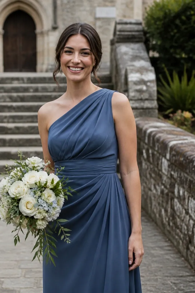 Cobalt one-shoulder bridesmaid dress with a draped bodice and fitted skirt