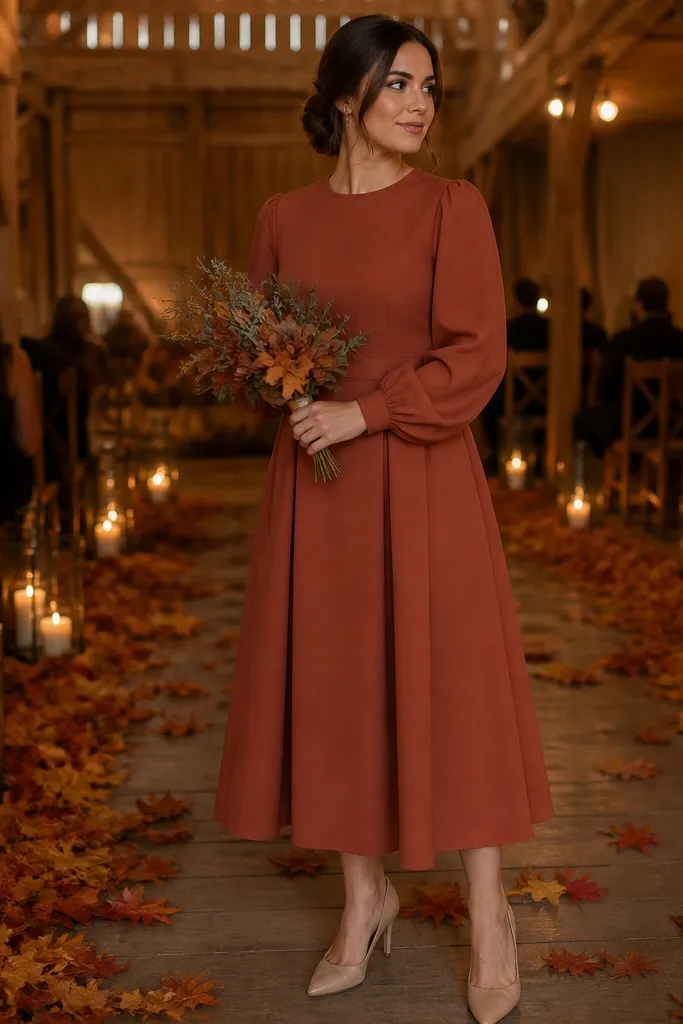 Sage green crepe bridesmaid dress with bishop sleeves and a tea-length skirt