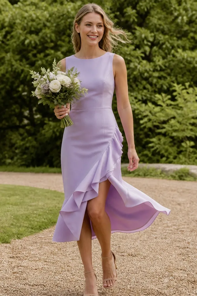 Dusty blue bridesmaid dress with a simple fitted bodice and a one-sided ruffled skirt