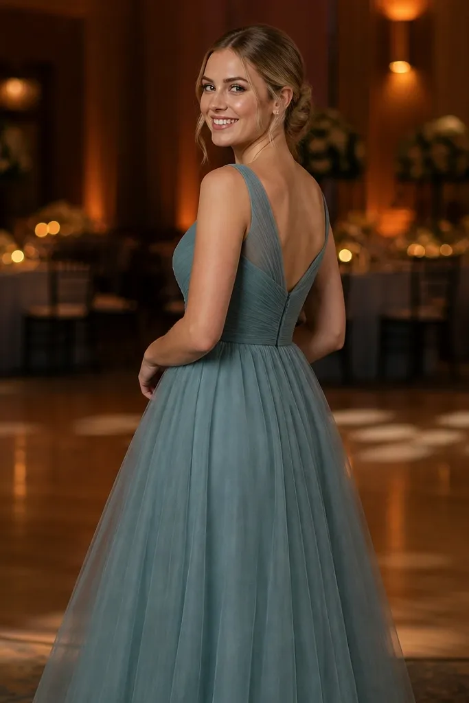 Lavender bridesmaid dress with a crepe base and a soft tulle overlay skirt