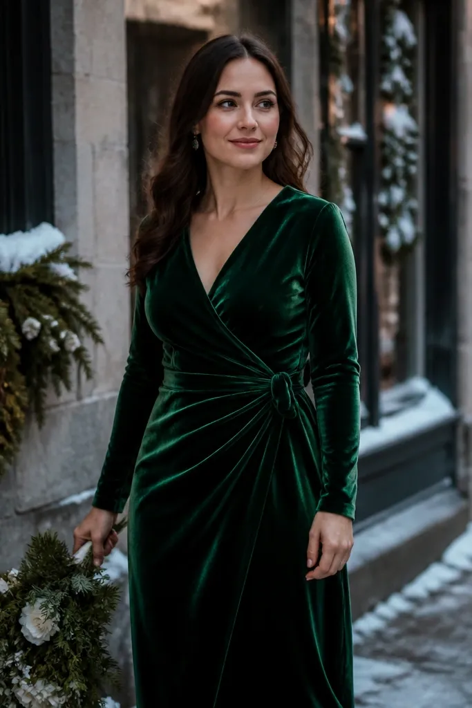 Deep burgundy velvet long-sleeve wrap bridesmaid dress with a midi hem