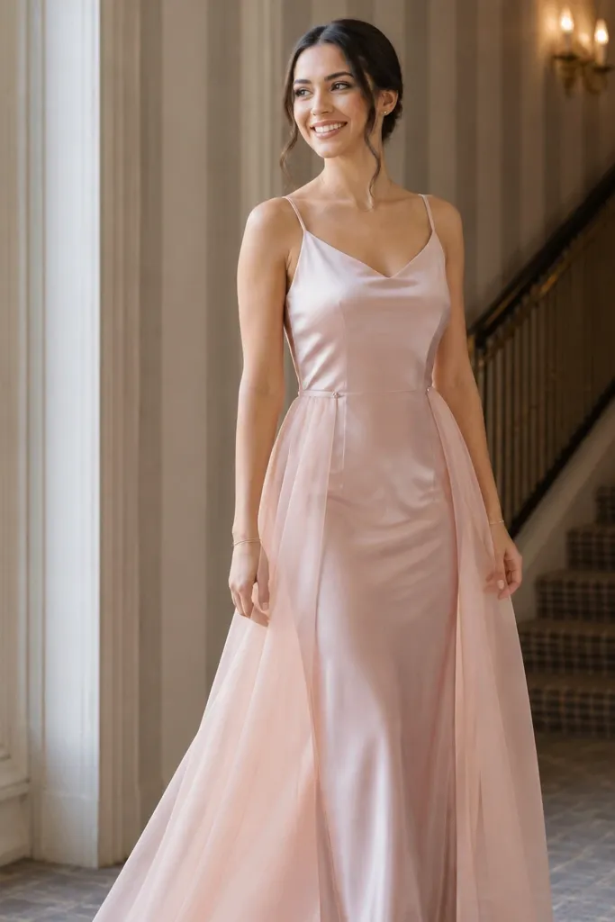 Gold satin slip bridesmaid dress with a detachable chiffon overlay layer