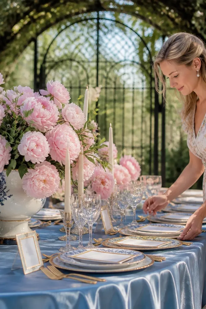 Periwinkle table runner with blush flowers and gold accents