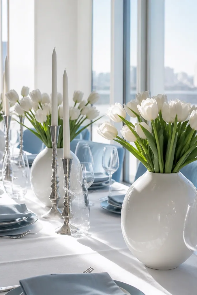 Icy sky blue signage with white tulips and silver candle holders