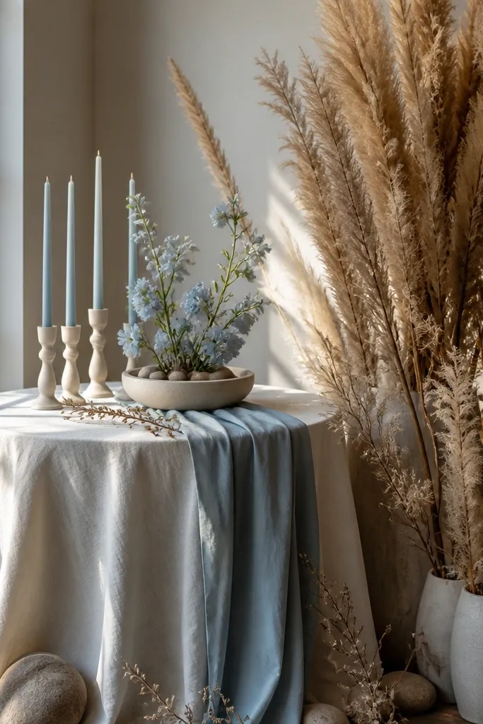 Powder blue invitations with ivory linens and pampas grass centerpiece
