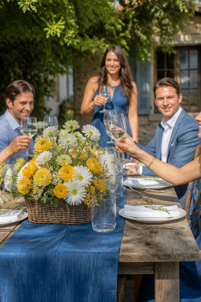 Denim blue table runner with white plates and yellow flowers