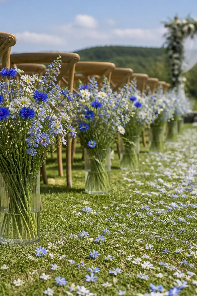 Cornflower blue wildflower bouquets in clear glass vases on white tables