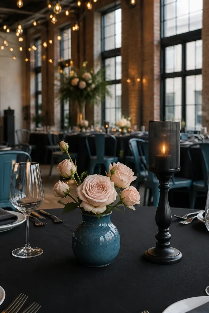 Steel blue table linens with blush roses and black candle holders