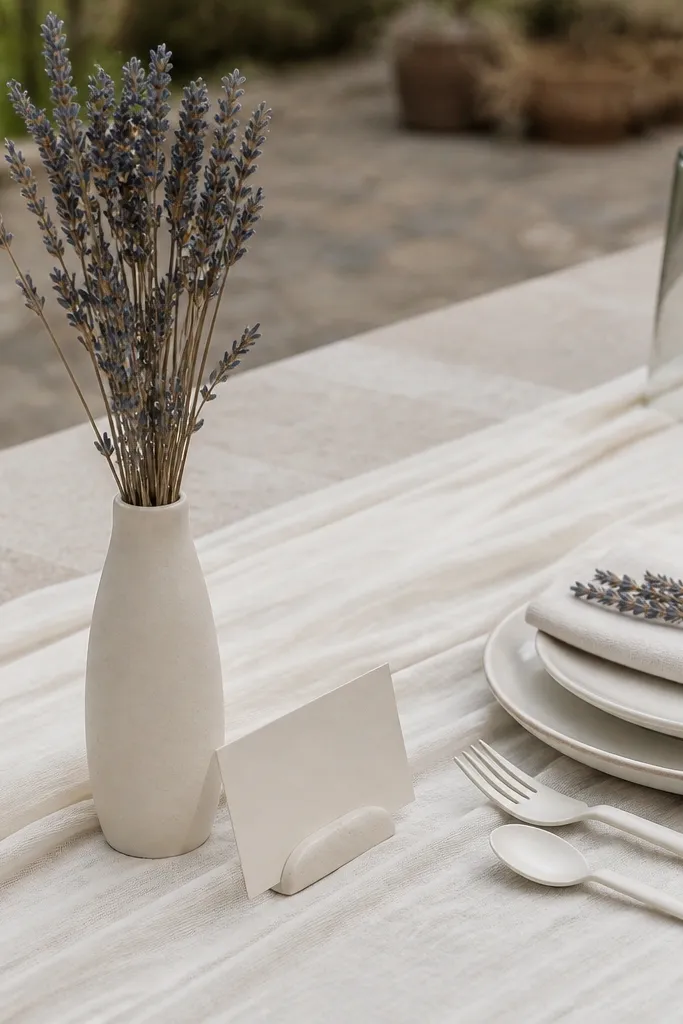 Blue-gray table cards with ivory linens and dried lavender sprigs