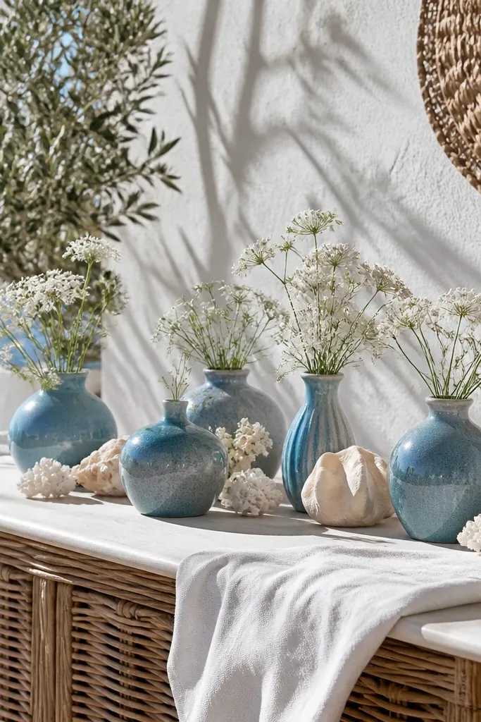 Aegean blue napkins with white linens and wicker seating details