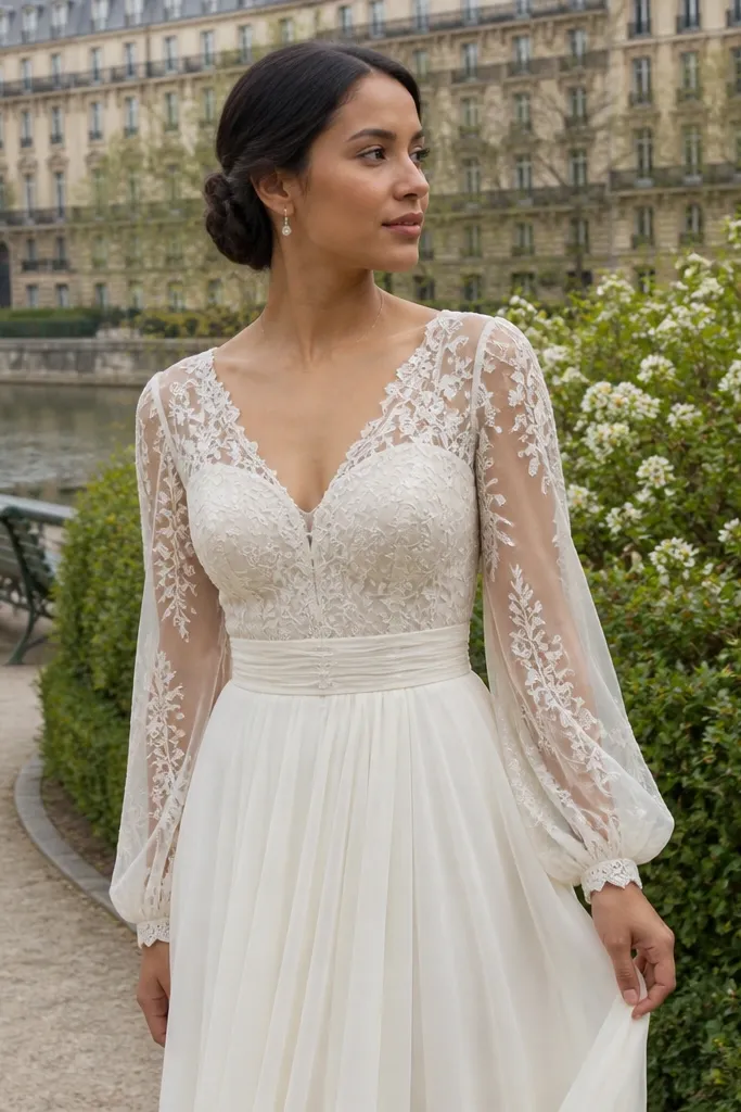 Ivory A-line wedding dress with sheer lace bishop sleeves and a lace illusion neckline