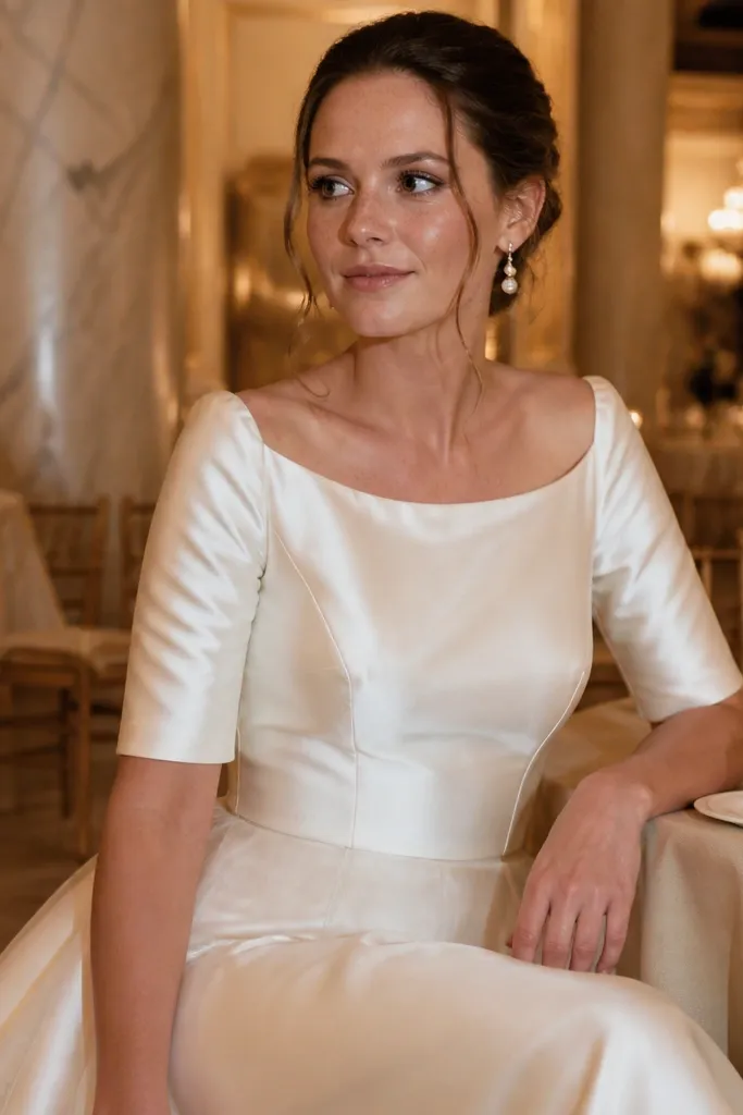 Cream satin wedding dress with matte elbow-length sleeves and a straight neckline
