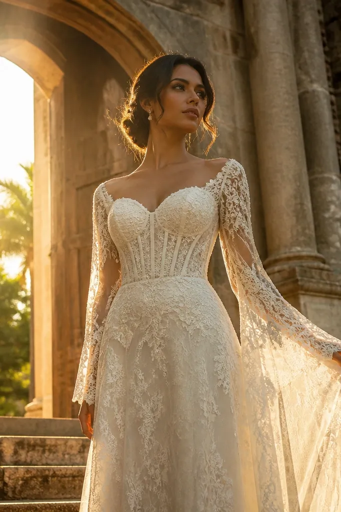 Ivory corset wedding dress with long sheer lace sleeves and a sweetheart neckline