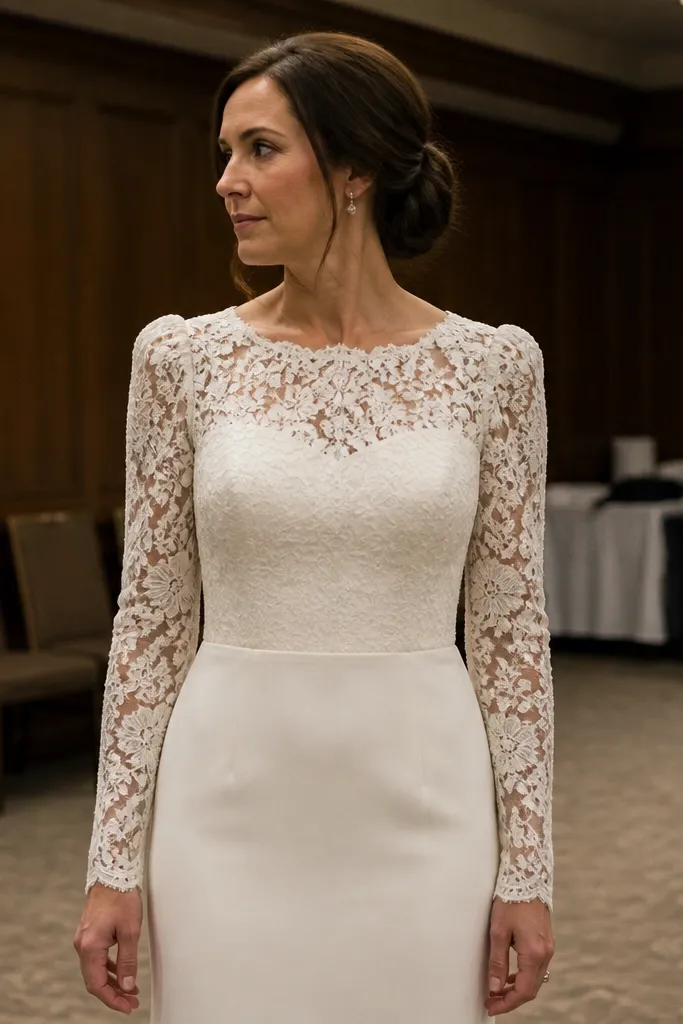 Ivory wedding dress with straight skirt, waist seam, and structured lace sleeves