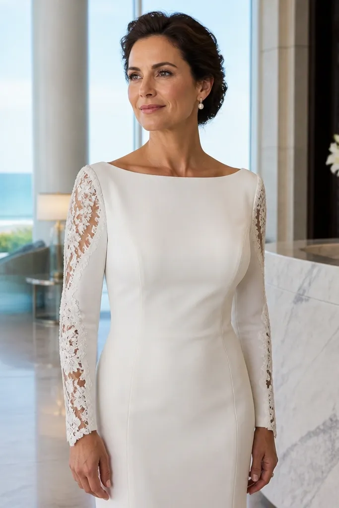 Ivory bateau neckline wedding dress with lace sleeve panels