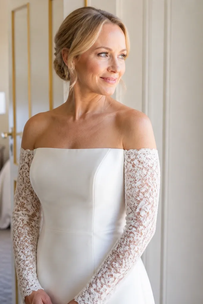 Ivory off-shoulder wedding dress with detachable long lace sleeves laid over the bodice