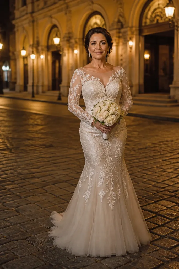 Ivory tulle wedding dress with long sleeves and lace overlay panels