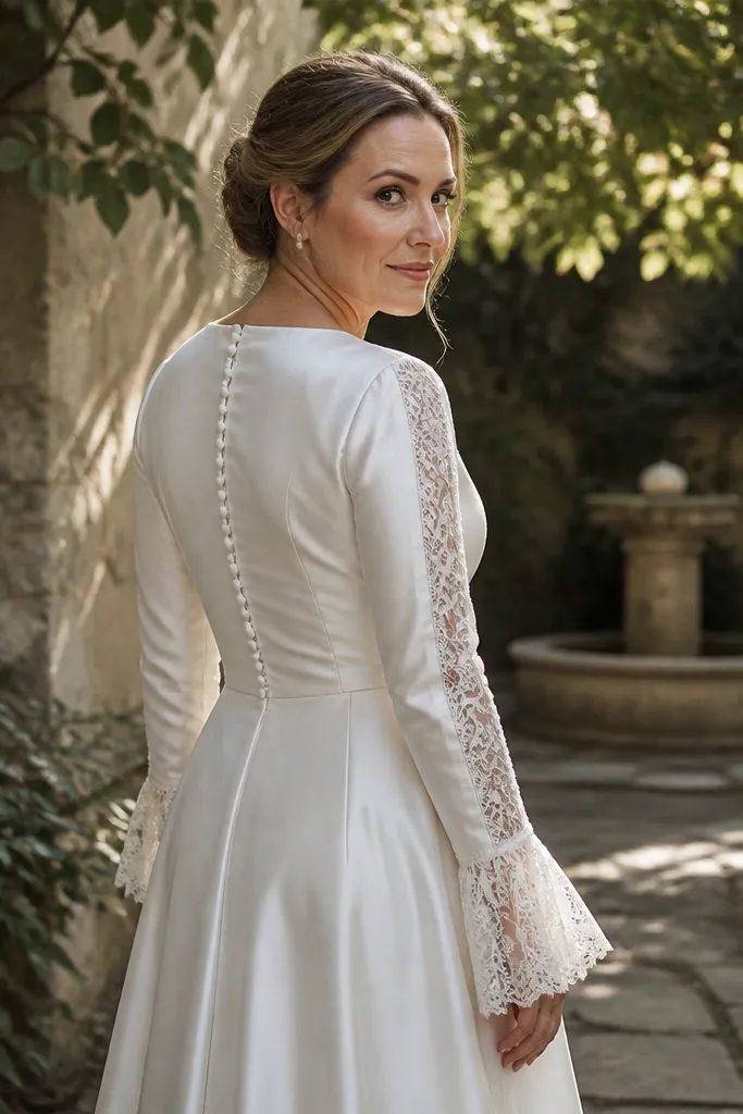 Ivory wedding dress with long lace-trim sleeves and a buttoned back