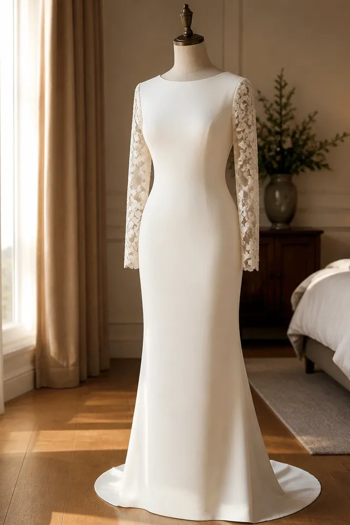Ivory crepe wedding dress with simple bodice and lace appliques only on long sleeves