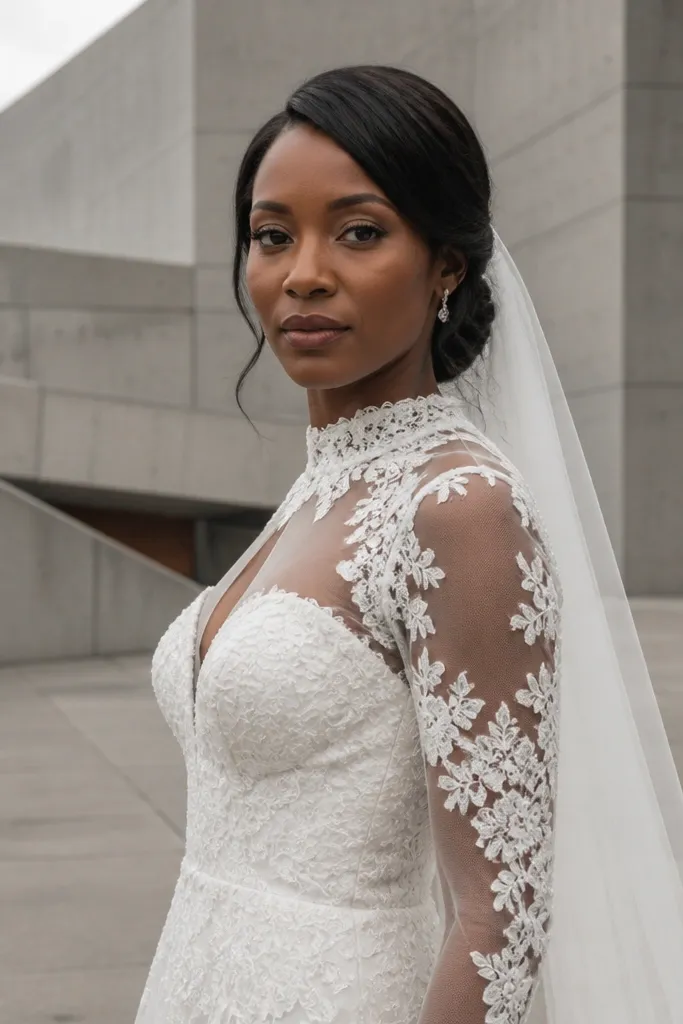 Ivory wedding dress with long lace sleeves and a mesh cutout panel