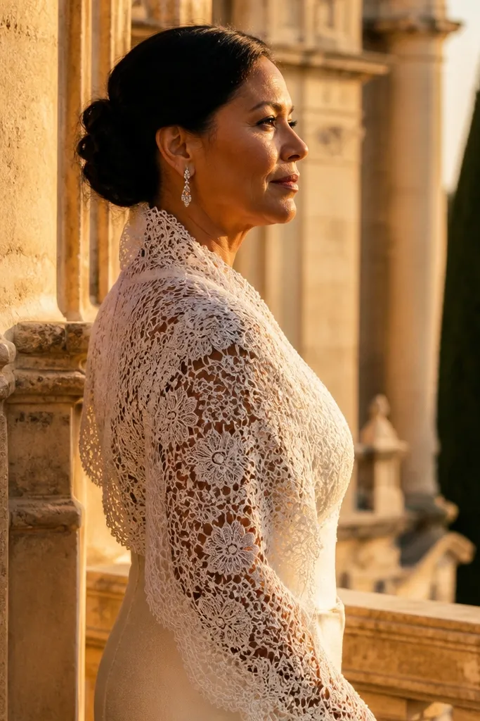 Ivory wedding dress with lace mantilla-style sleeves that cover shoulders and upper arms