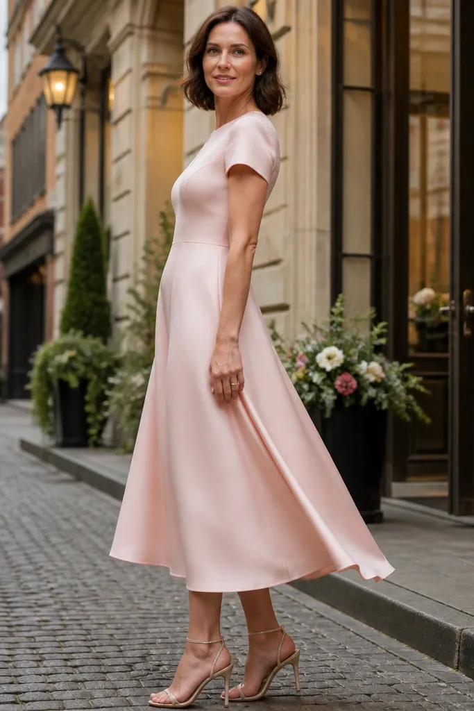 Petal pink satin-backed crepe A-line midi dress with a defined waist