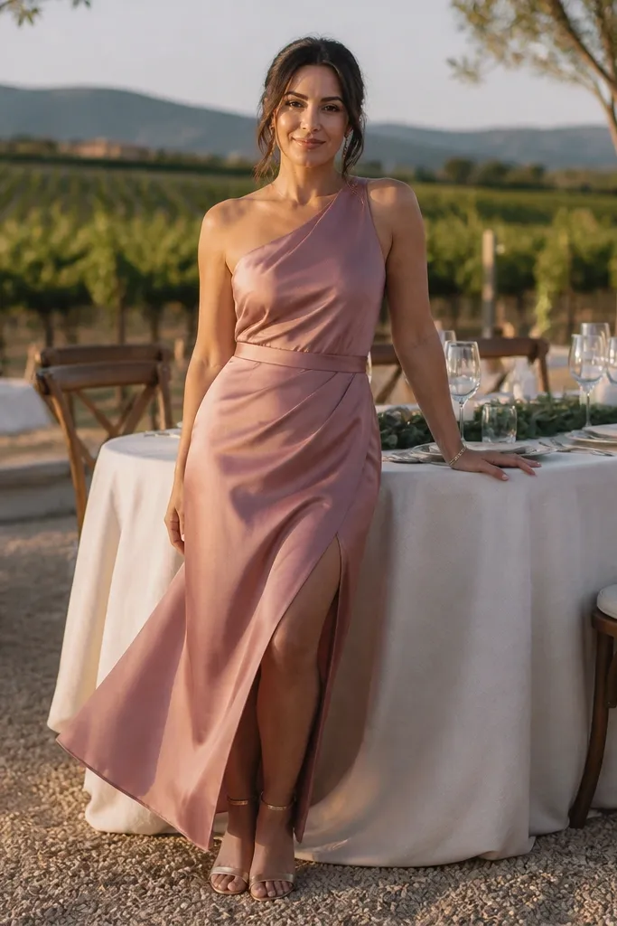 Dusty rose one-shoulder midi dress with a side slit