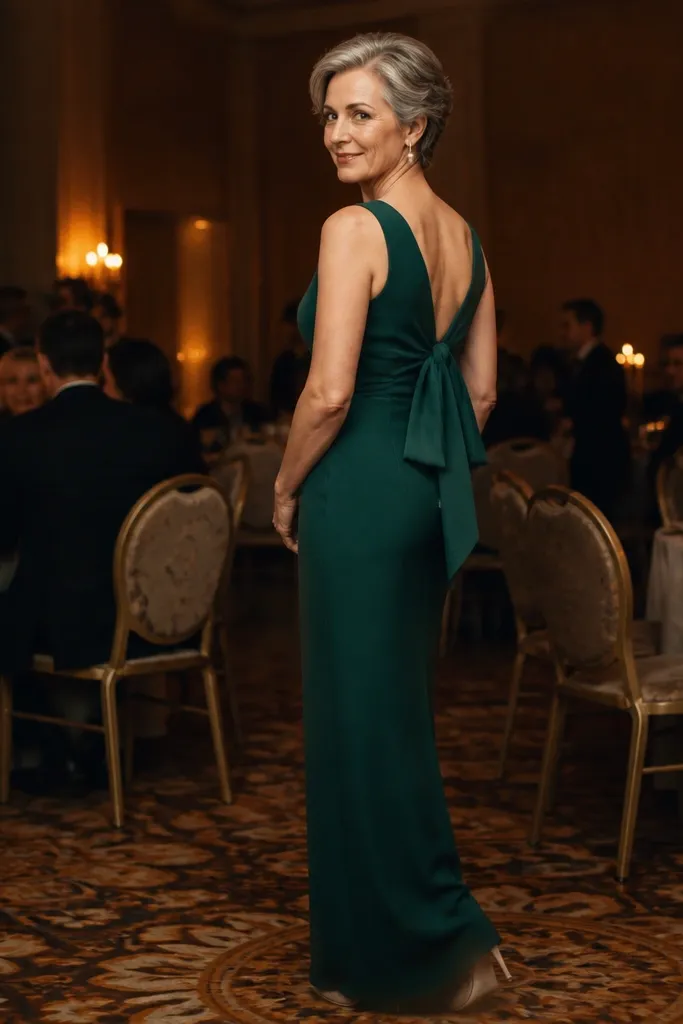 Emerald green crepe column midi dress with a bow at the back