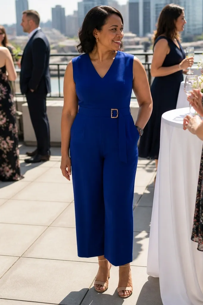 Cobalt blue belted midi dress with a structured waist seam