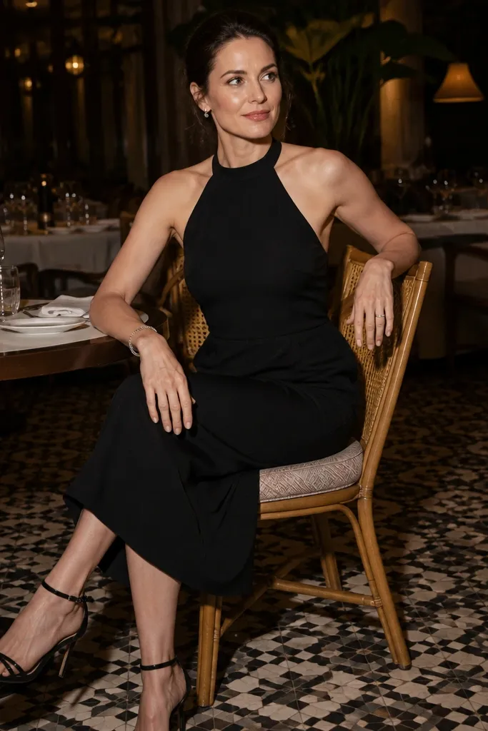 Black crepe midi dress with halter neck and a sculpted waist