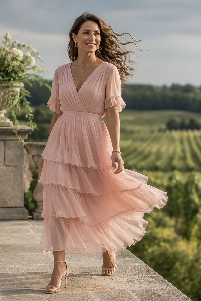 Rose quartz chiffon tiered midi dress with layered skirt