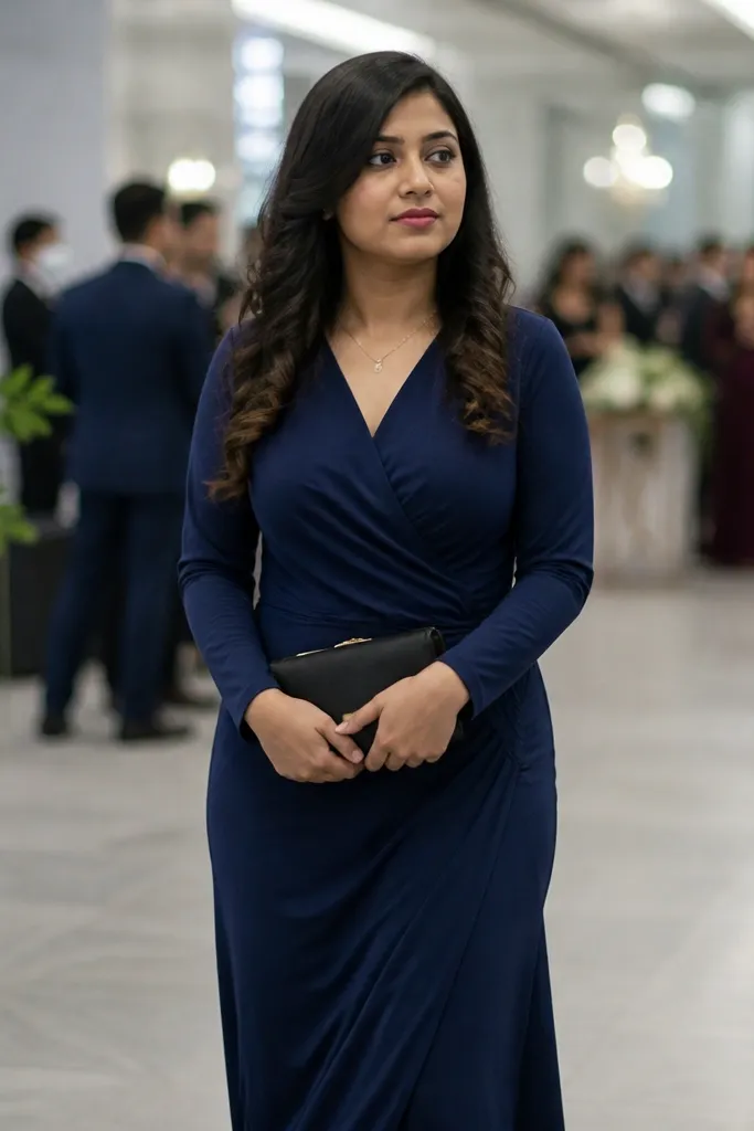 Midnight blue jersey wrap maxi dress with long sleeves and a tie waist