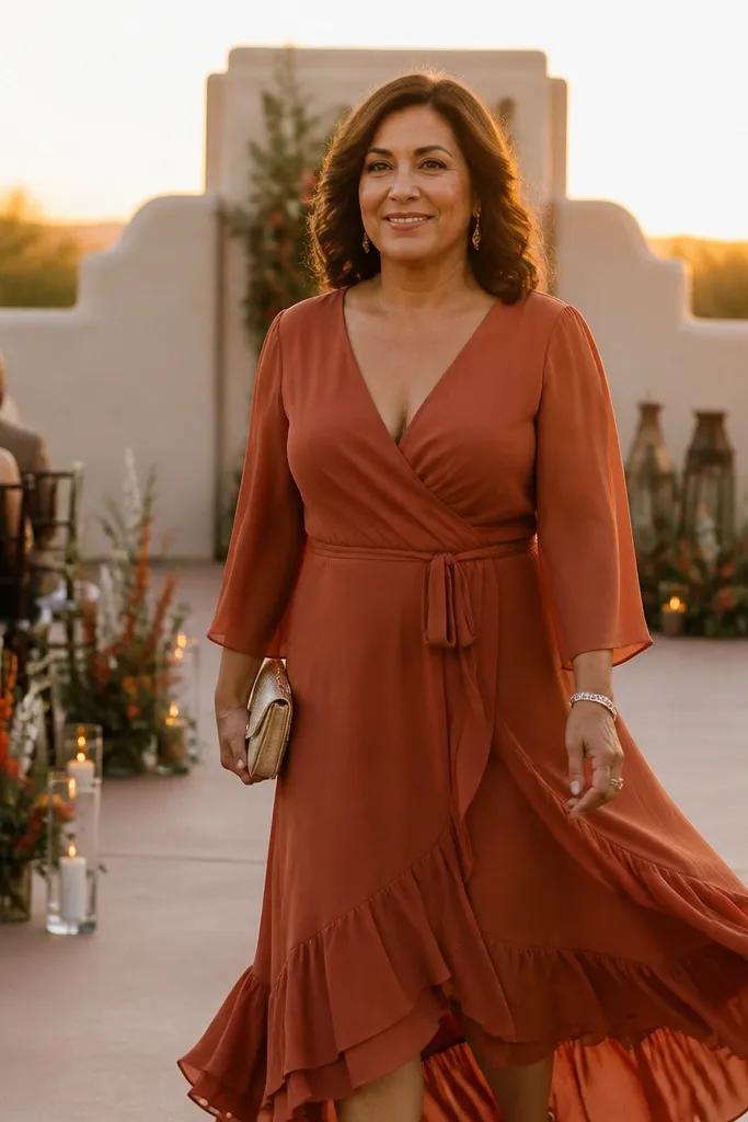 Terracotta chiffon wrap midi dress with a ruffled hem