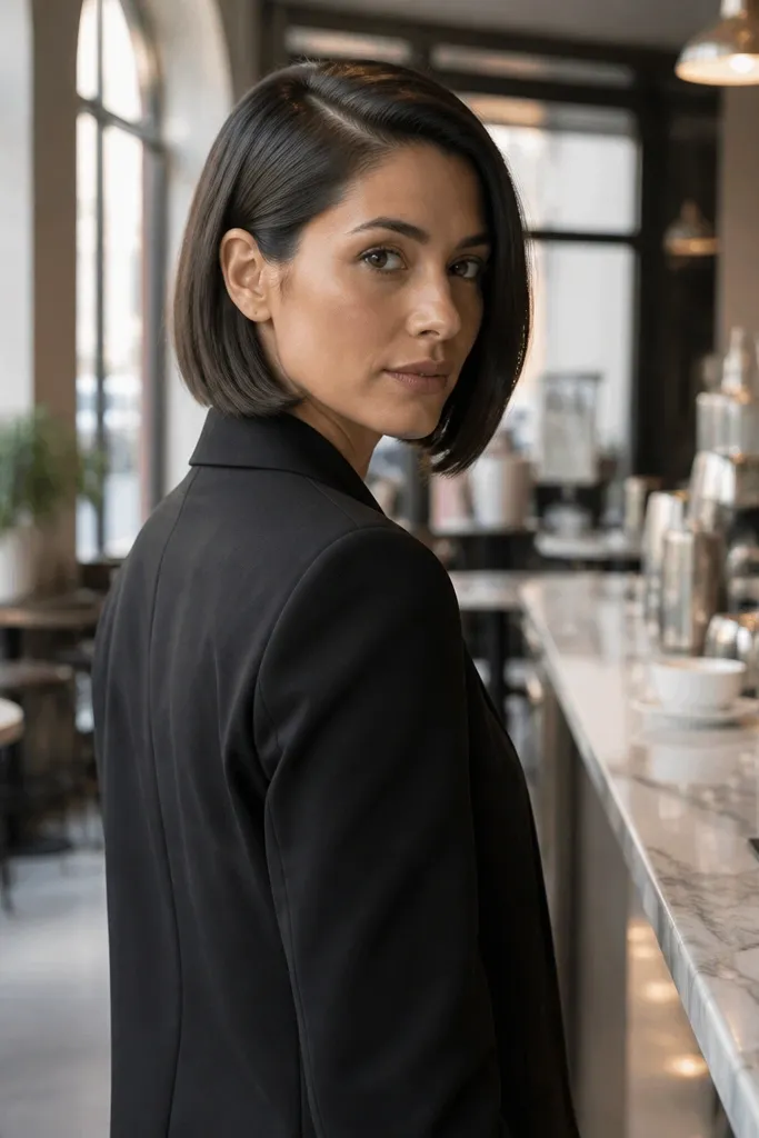 Sleek short bob with a sharp side part and glossy ends