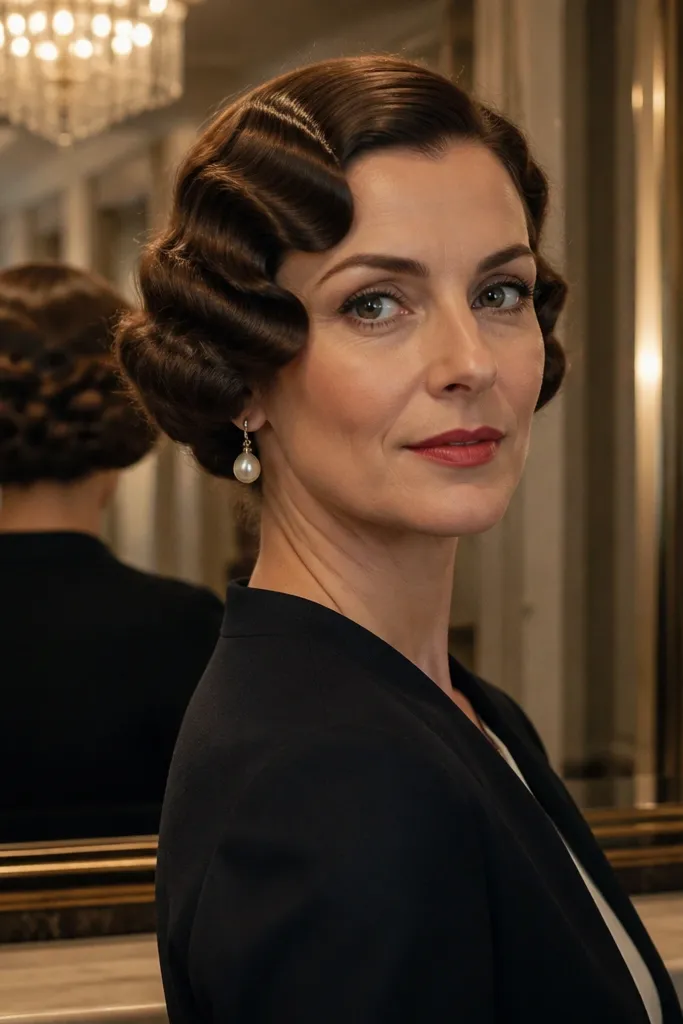 Short bob with soft finger-wave pattern and deep side part