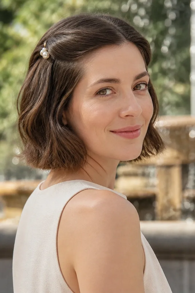 Short hair half-up with a small twist and pearl bobby pins