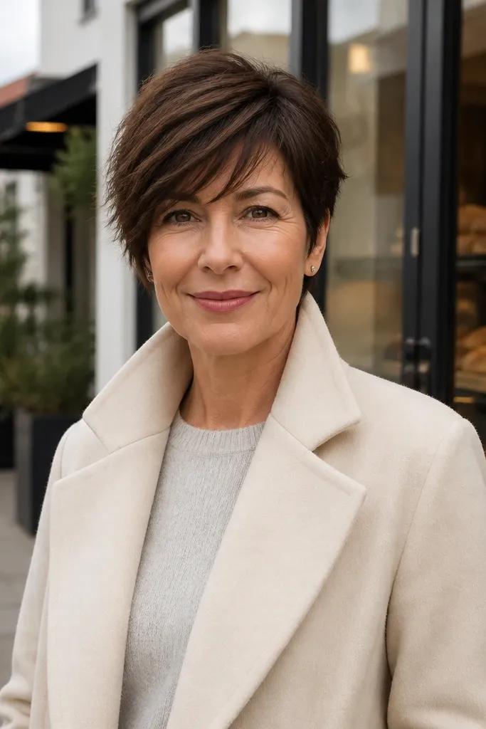 Short textured crop with side-swept fringe and matte finish